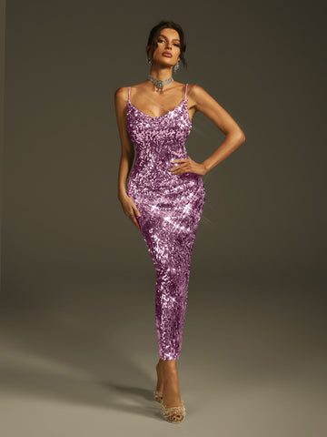 Laurie Spaghetti Sequin Midi Elbise, Mor