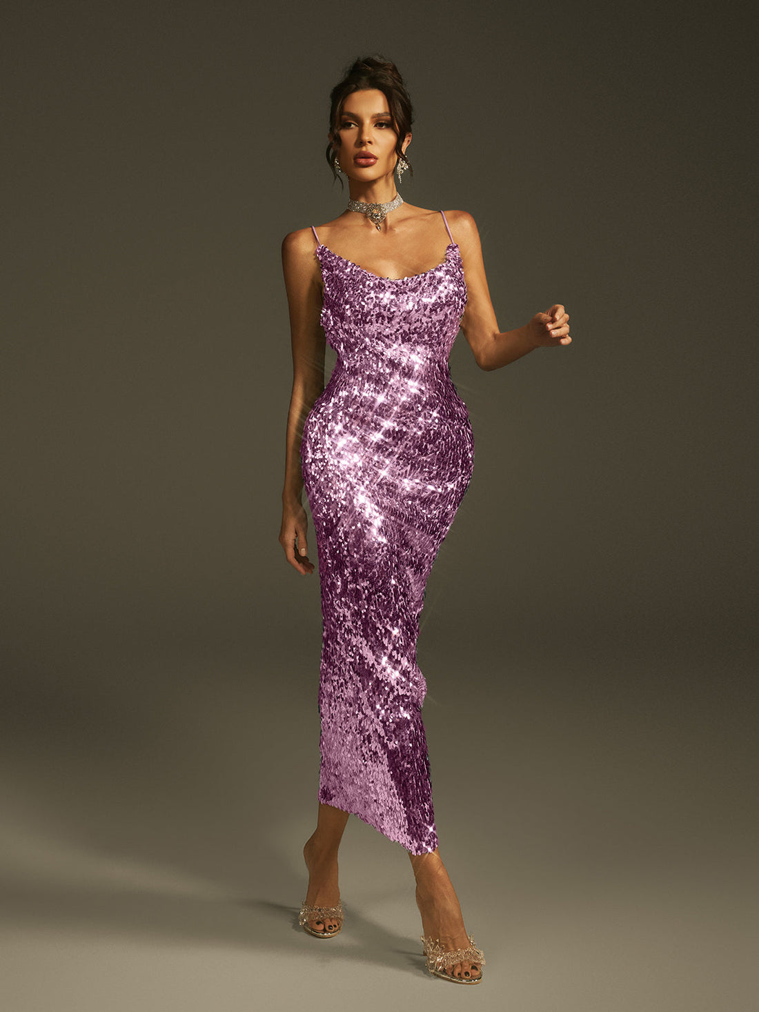 Laurie Spaghetti Sequin Midi Elbise, Mor