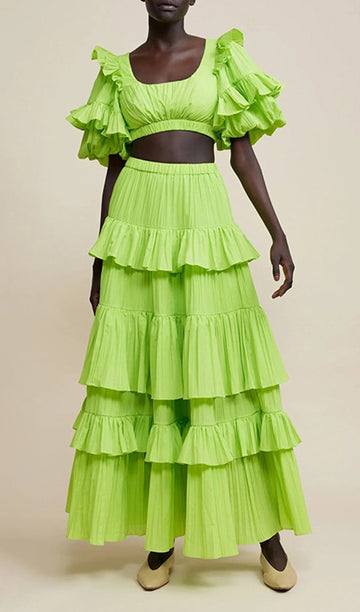 İki Parçalı Pileli Katlı Maxi Etek ve Üst Takım