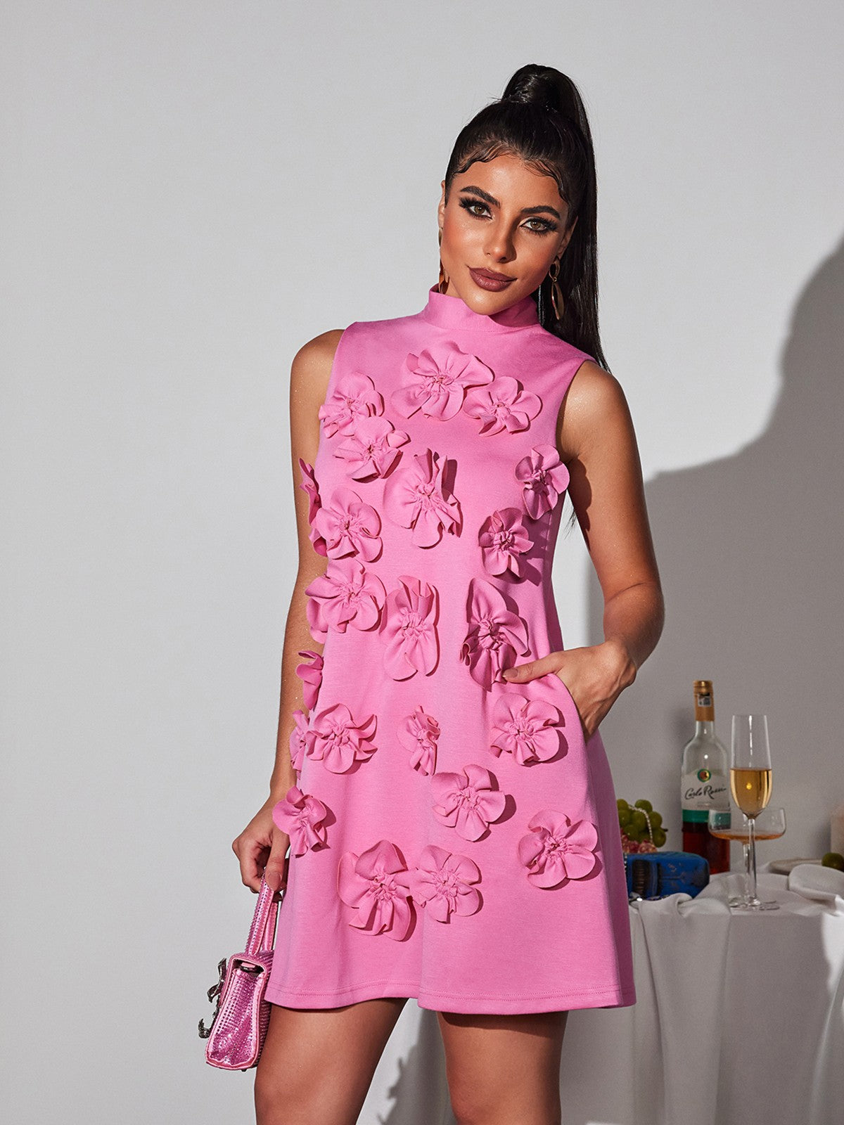 Liluri Kolsuz Çiçek Mini Elbise
