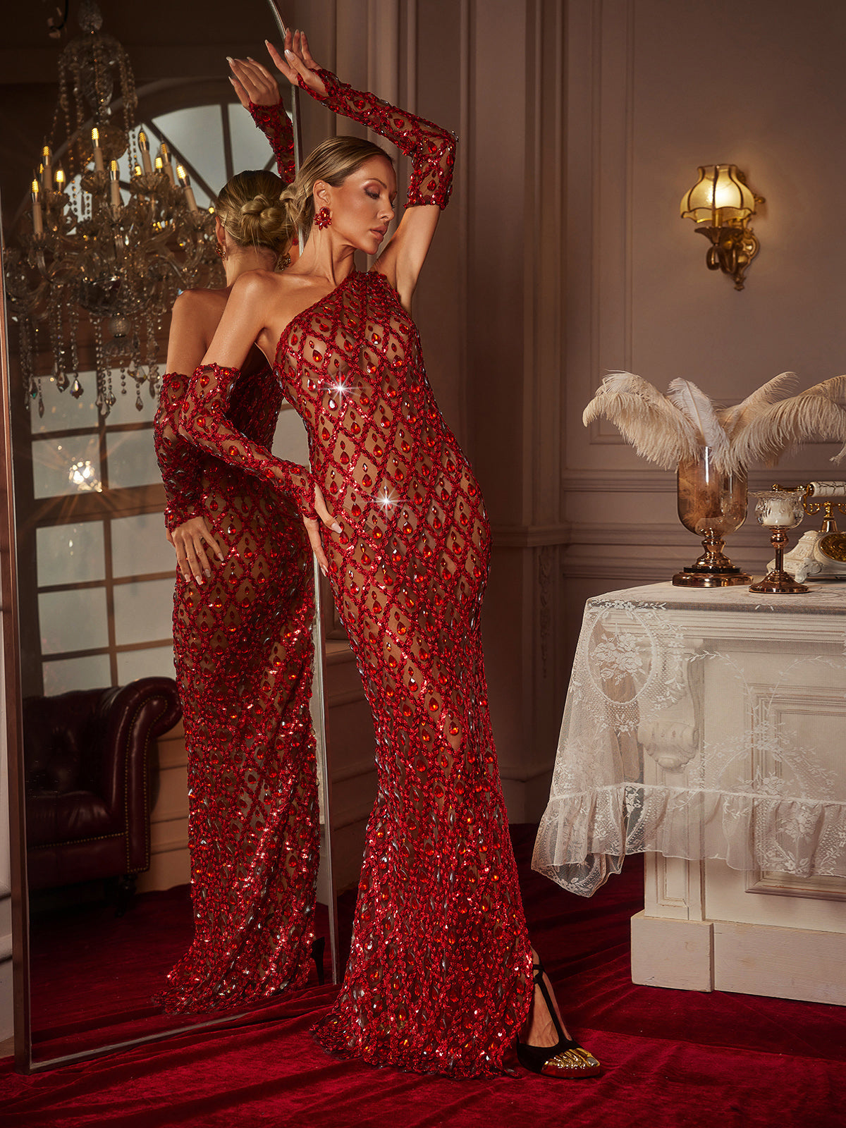 Liora Tek Omuz Payet Kristal Maksi Elbise Eldivenli Kırmızı