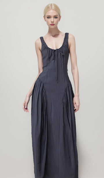 Düz Dantelli Önü Kravatlı Maksi A-Line Elbise