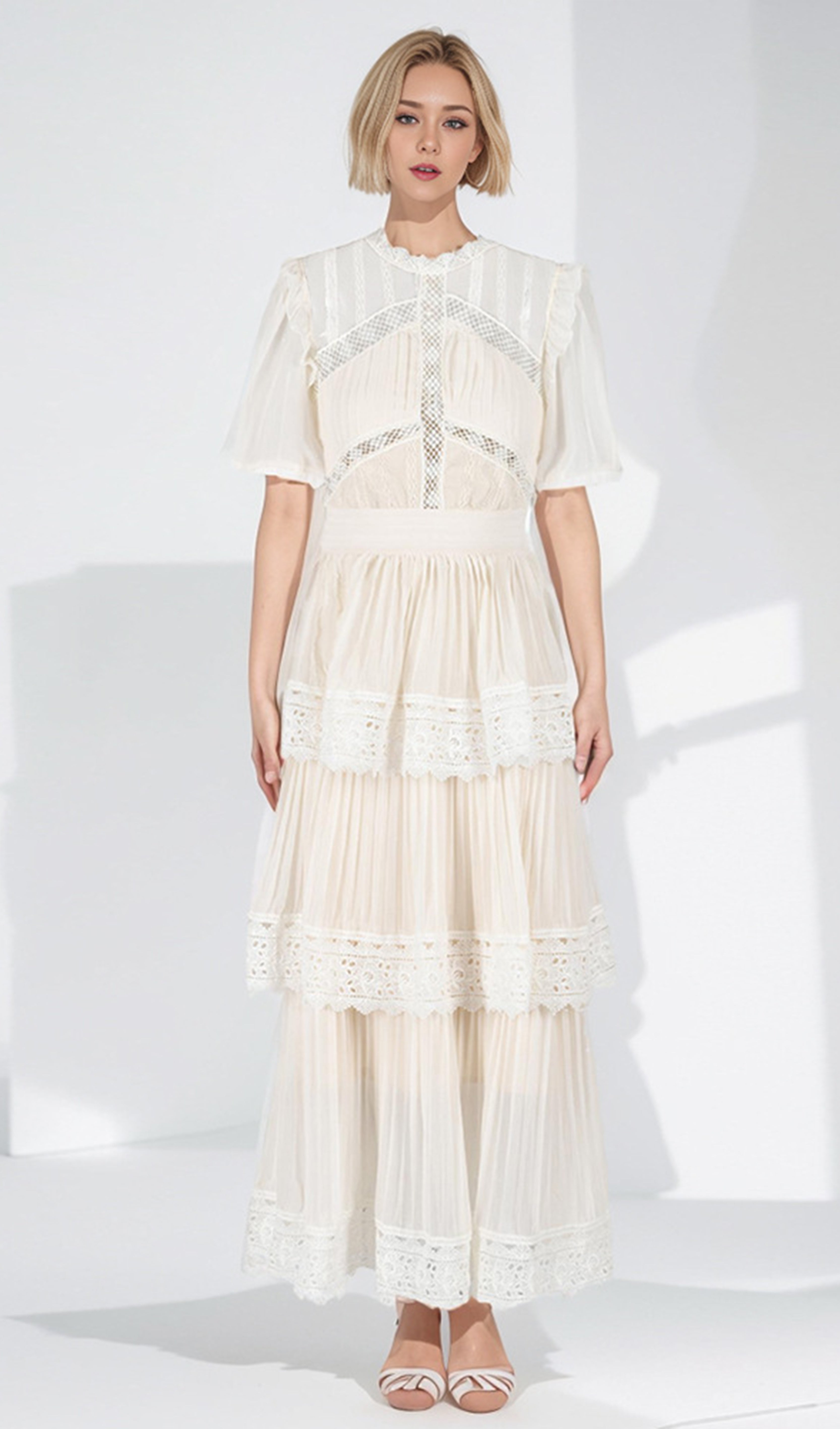 Pileli Dantel Maksi Elbise