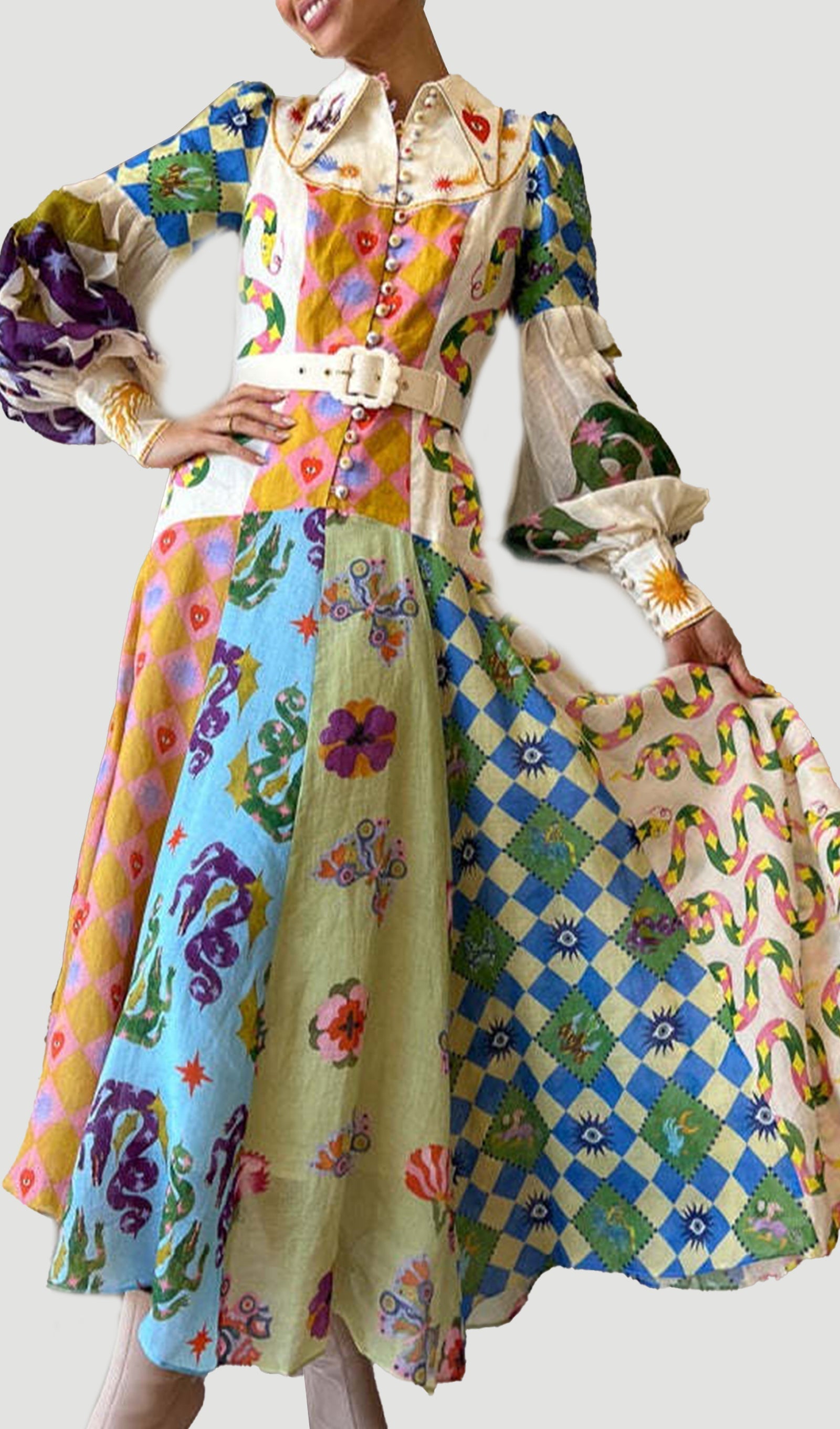 Patchwork Fener Kollu Kemer Gömlek Maksi Elbise