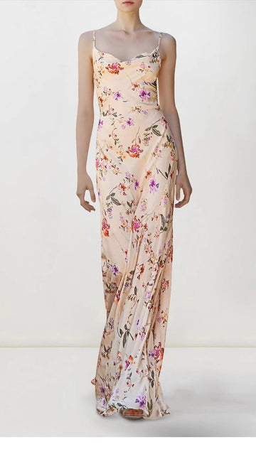 Çiçek Desenli Saten Maksi Elbise