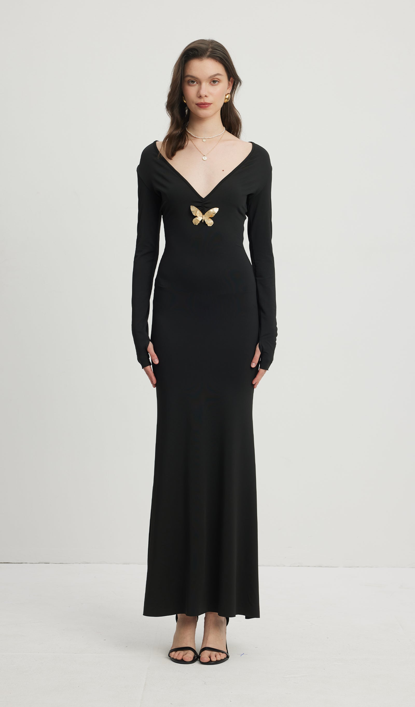 Derin V Yaka Maksi Elbise Siyah