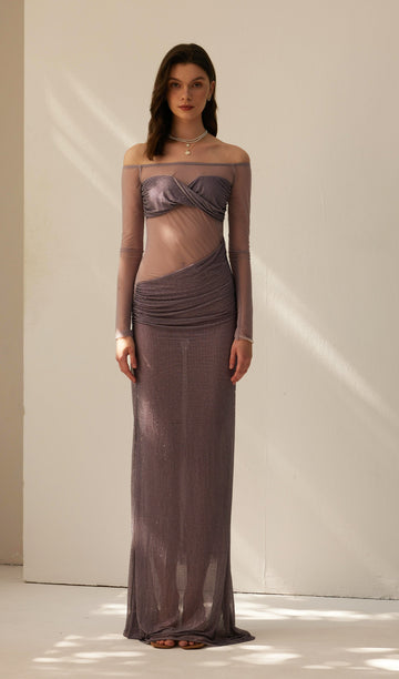 Diamante Kapalı Omuz Maksi Elbise - Gri Mor