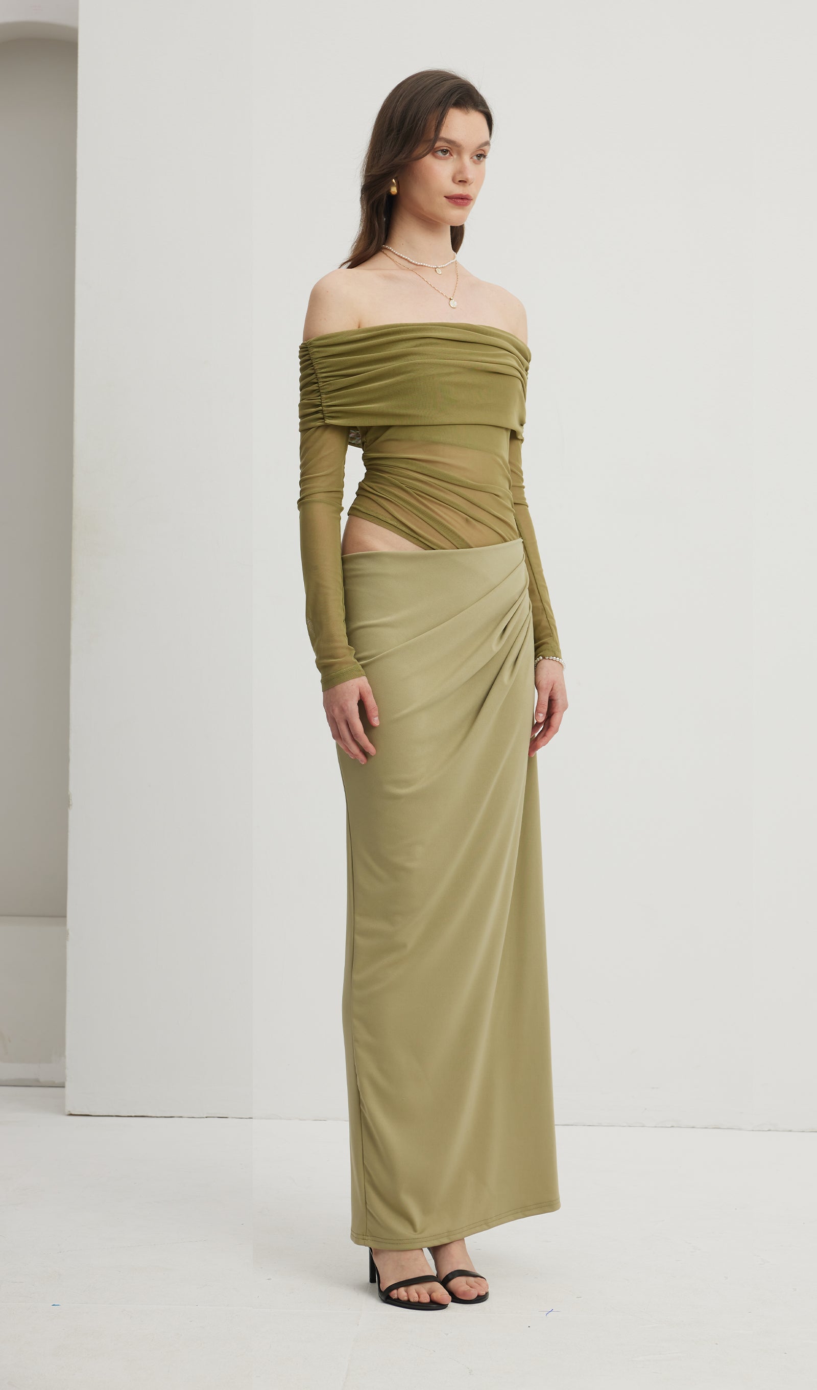 Kapalı Omuz Şeffaf Maksi Örgü Yeşil