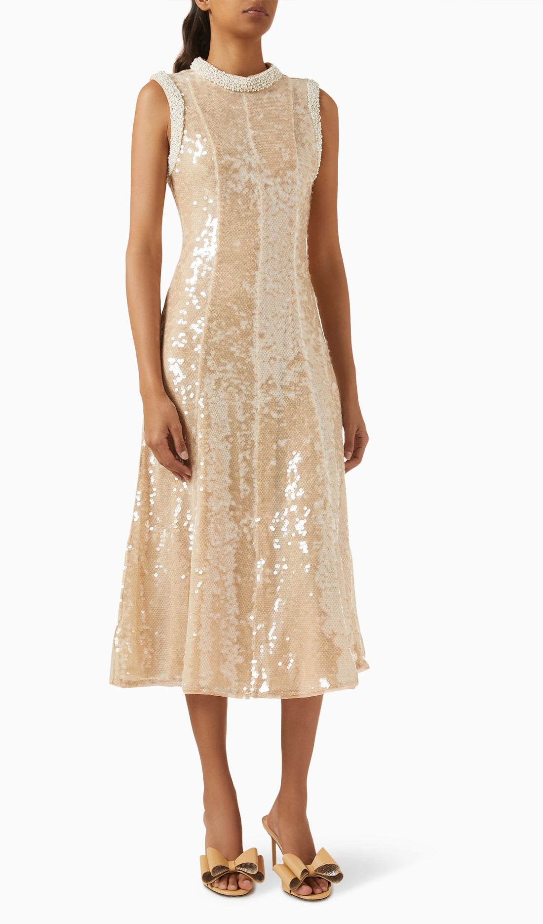 Payet İşlemeli İnci Süslemeli Midi Elbise