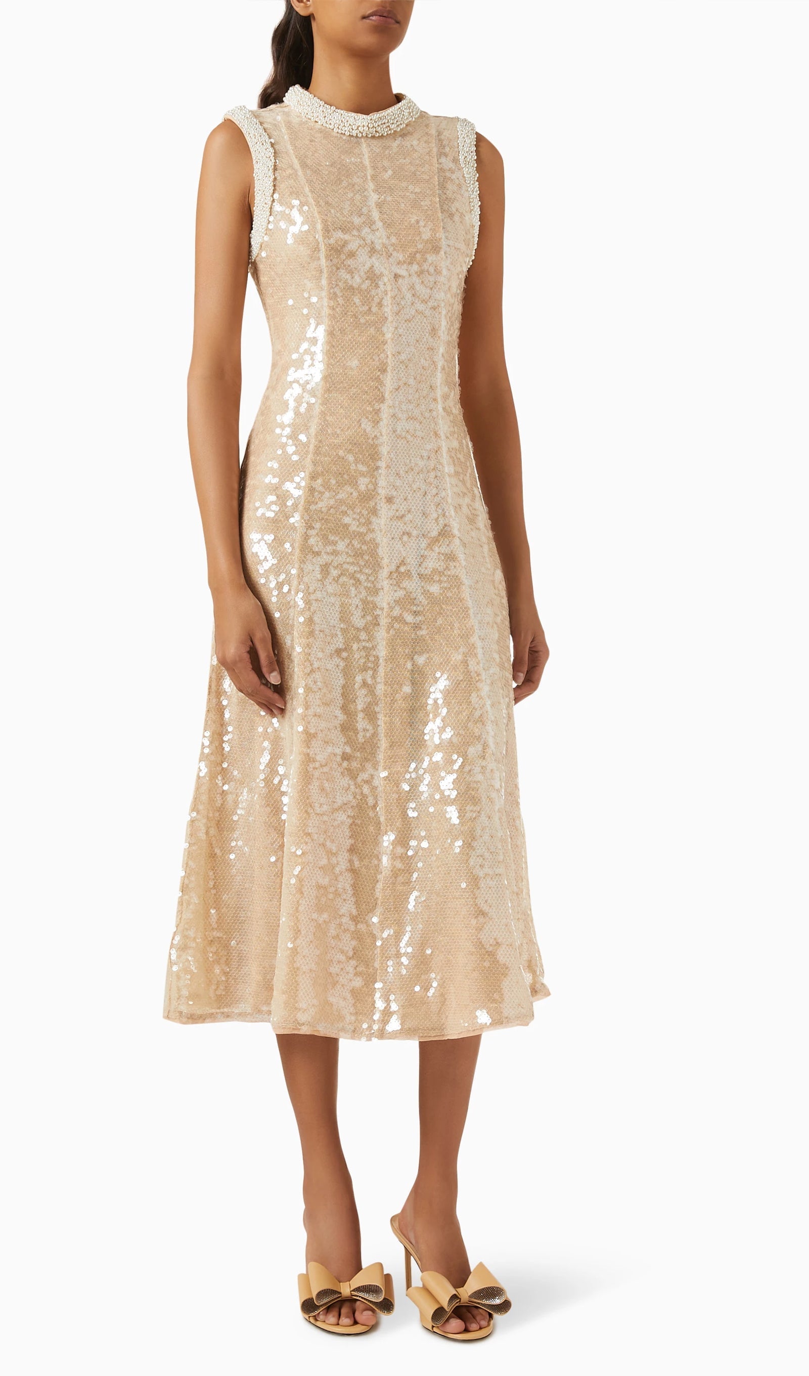 Payet İşlemeli İnci Süslemeli Midi Elbise