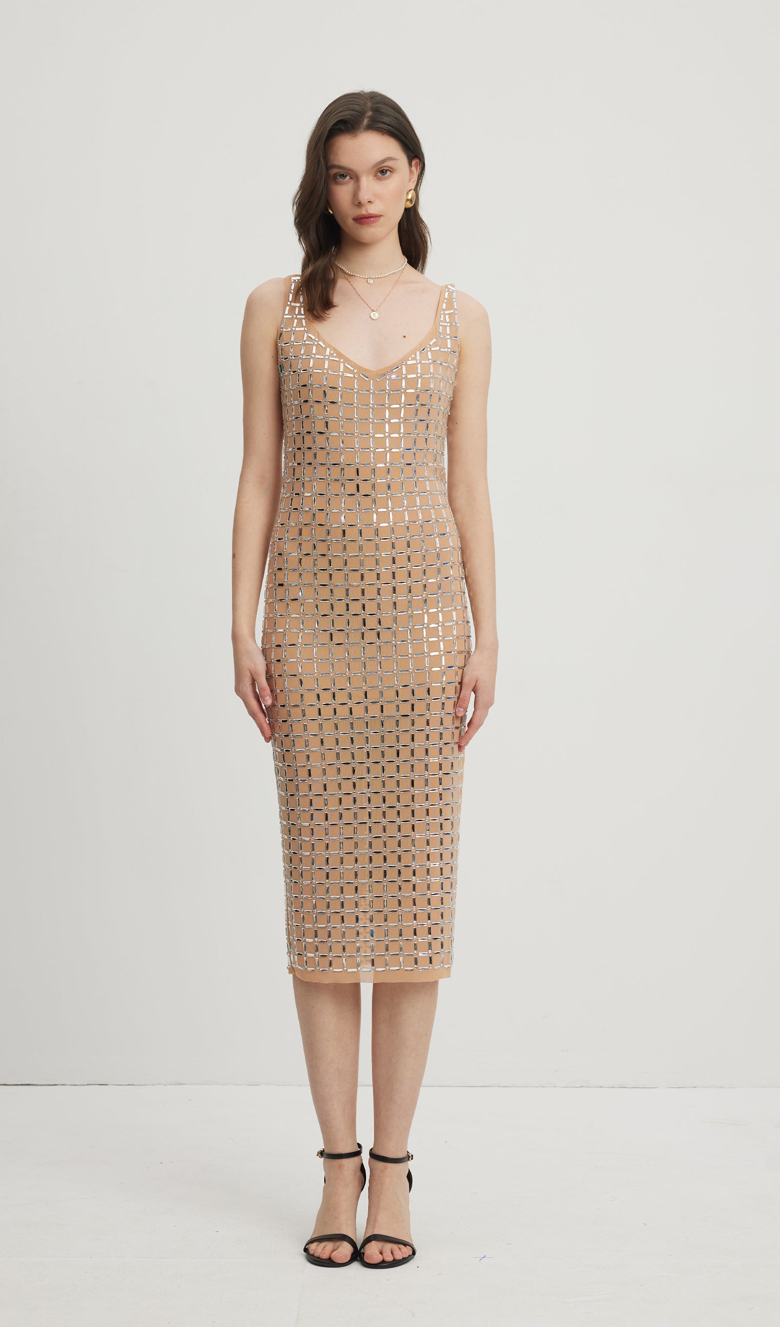 Süslemeli Sırtı Açık Midi Elbise Nude