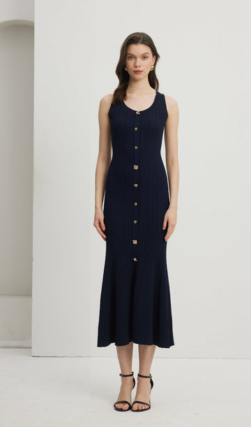 Metalik Düğmeli Örgü Midi Elbise