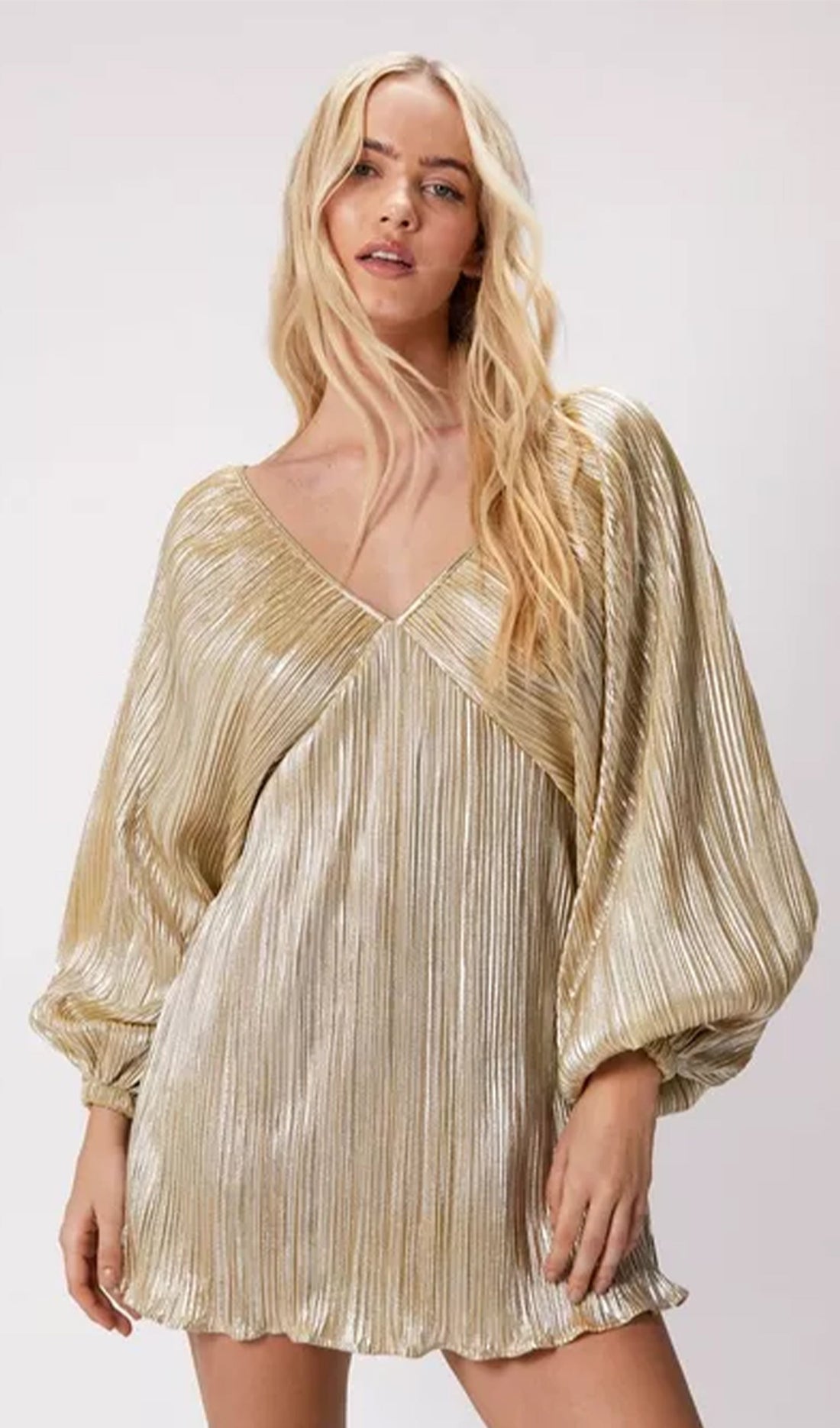 Metalik Balon Kollu Mini Elbise