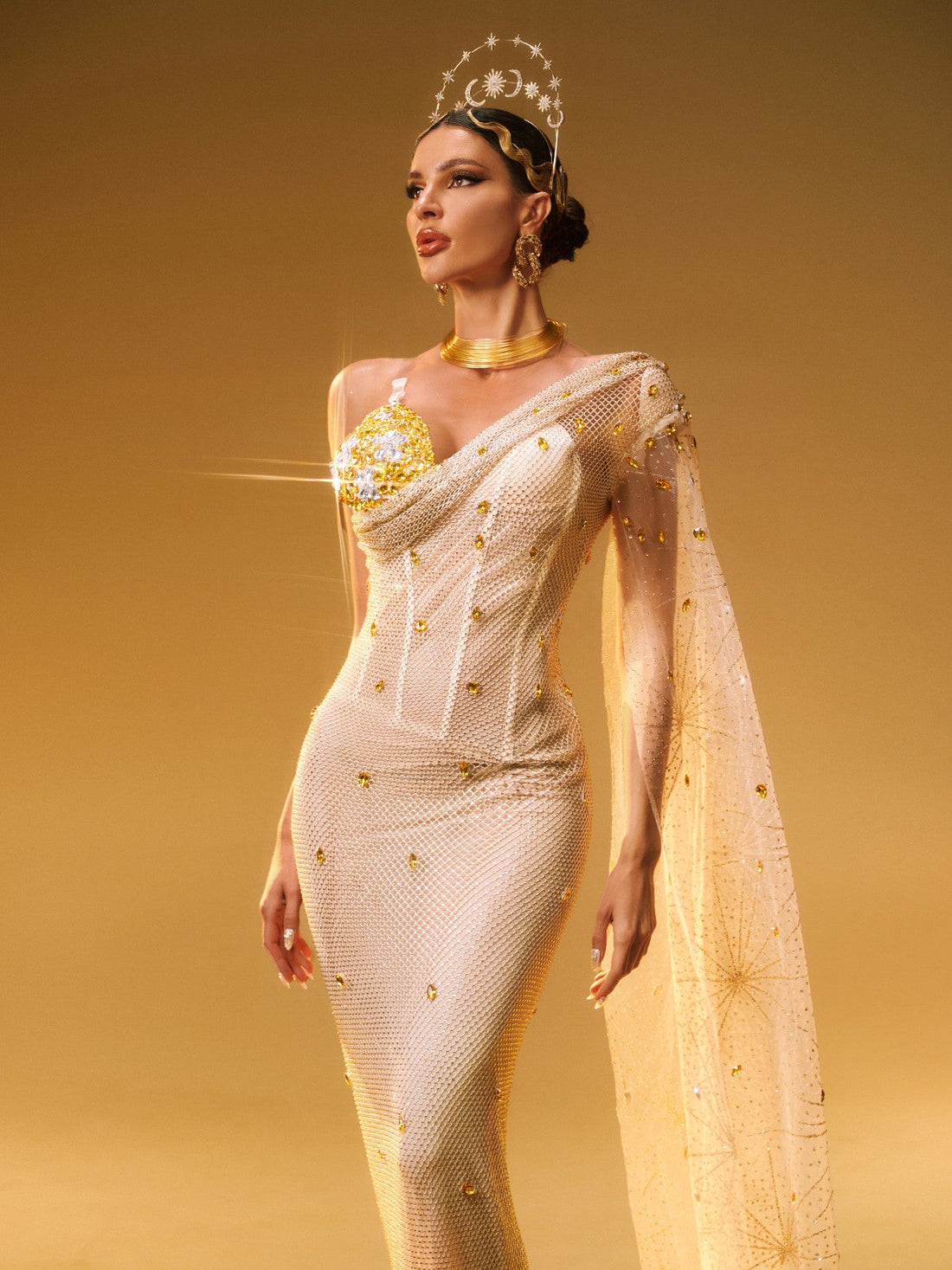 Nebulae Tek Omuz Rhinestone Maksi Elbise