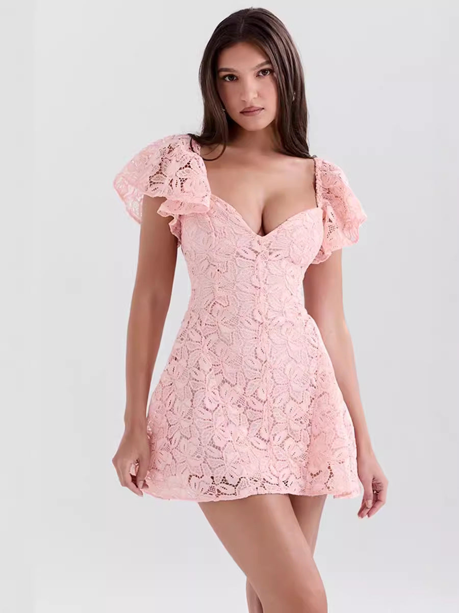 Esmée Pembe Kısa Kollu Dantel Mini Elbise