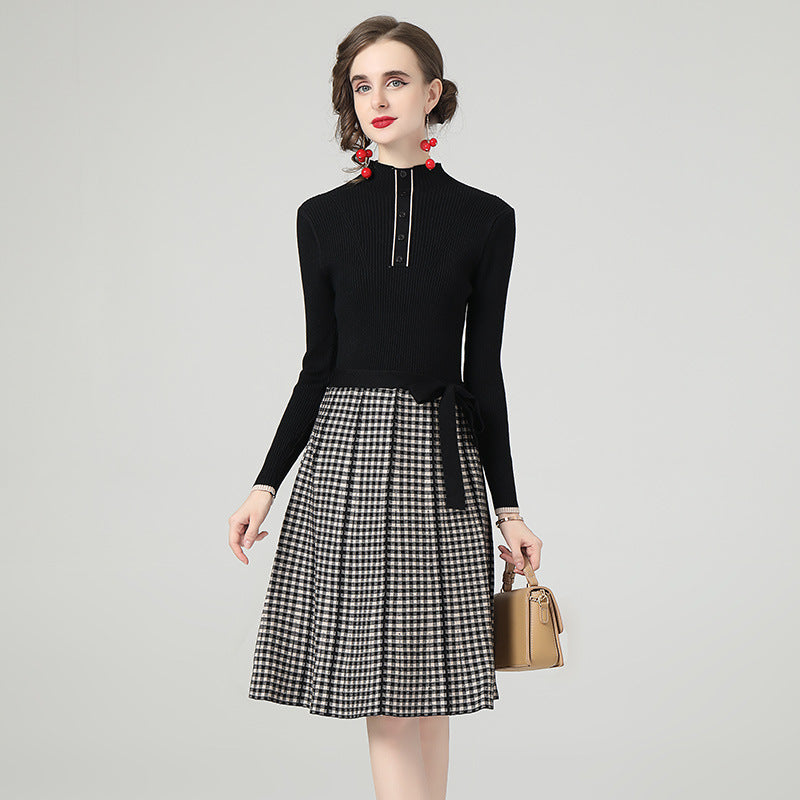 Kemerli Triko Kazak Ekose Etek Midi Elbise