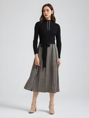 Kemerli Triko Kazak Ekose Etek Midi Elbise