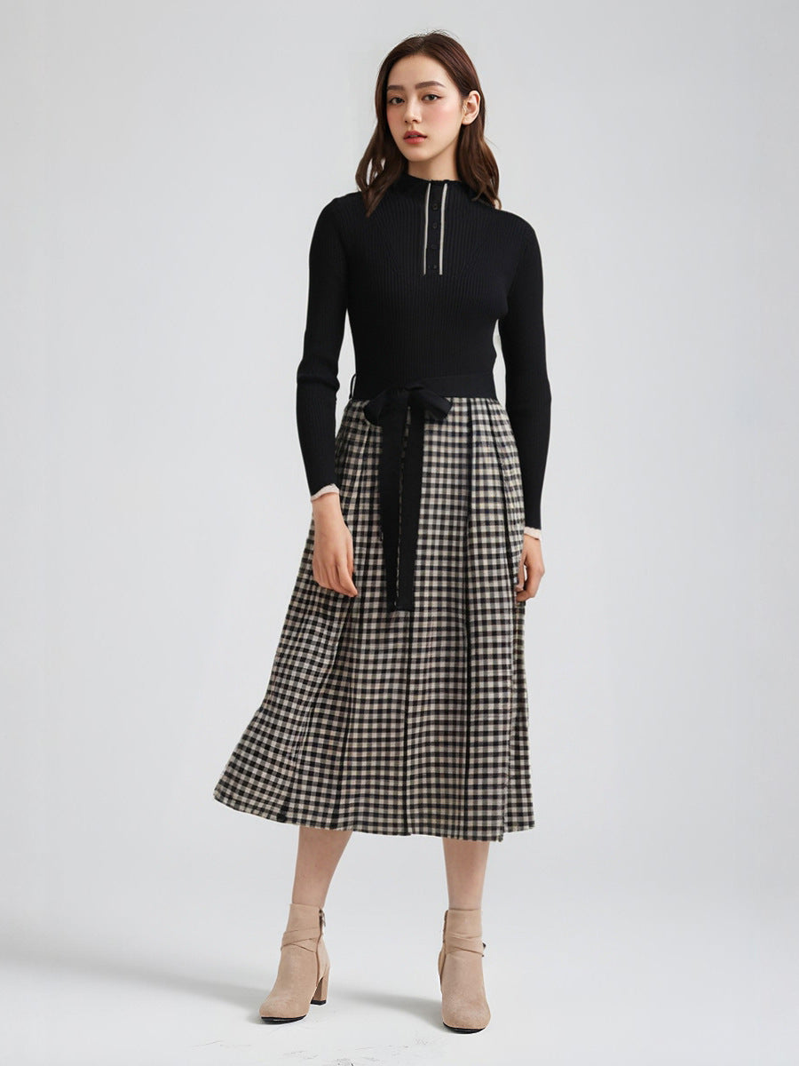 Kemerli Triko Kazak Ekose Etek Midi Elbise