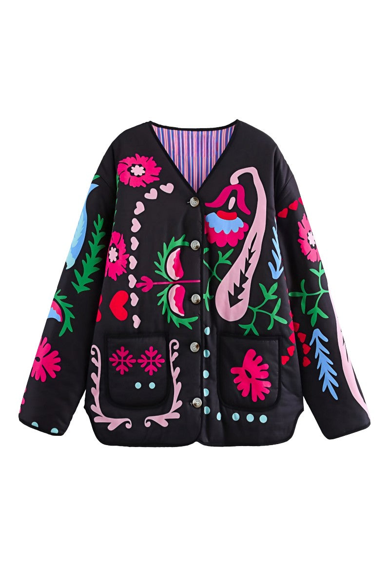 Şirin Çiçek Desenli Cepli Kapitone Ceket