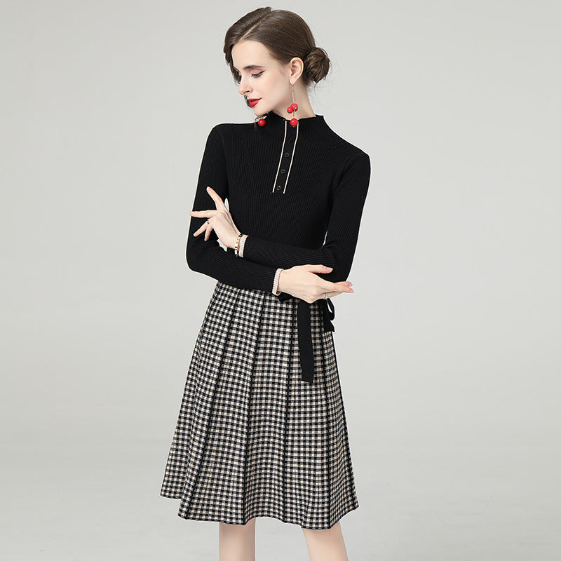 Kemerli Triko Kazak Ekose Etek Midi Elbise