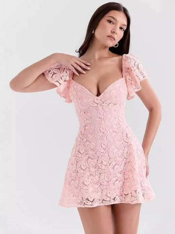 Esmée Pembe Kısa Kollu Dantel Mini Elbise