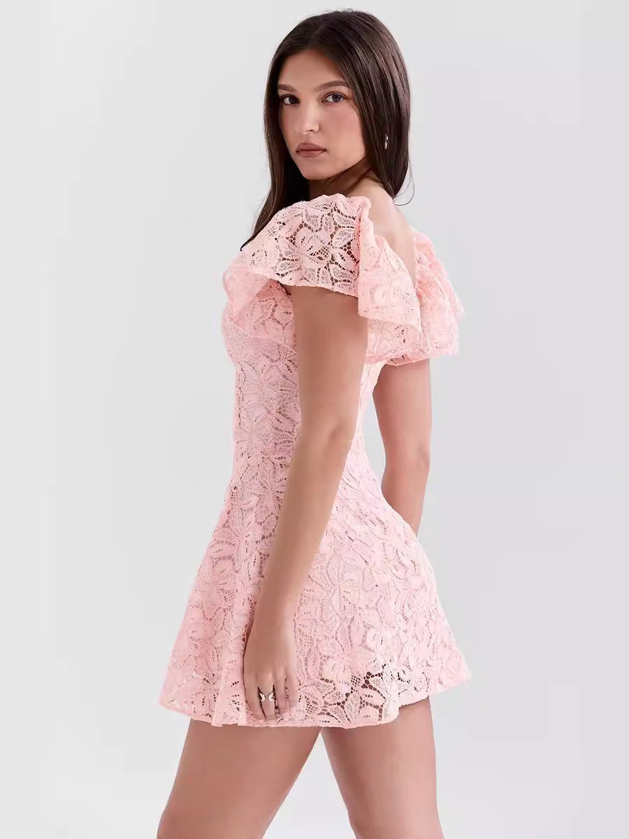 Esmée Pembe Kısa Kollu Dantel Mini Elbise