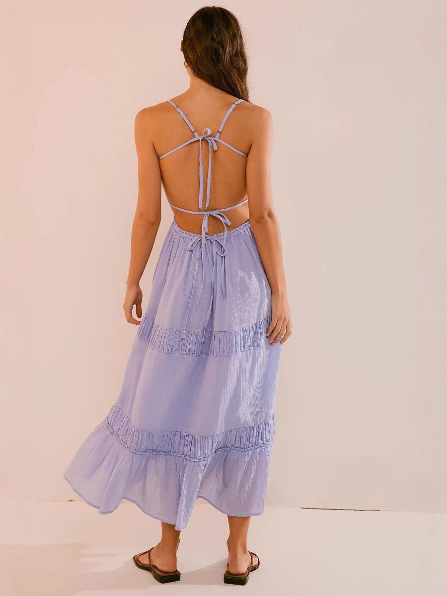 Sırtı Açık Büzgülü Katmanlı Fırfırlı Plaj Tatili Midi Elbise