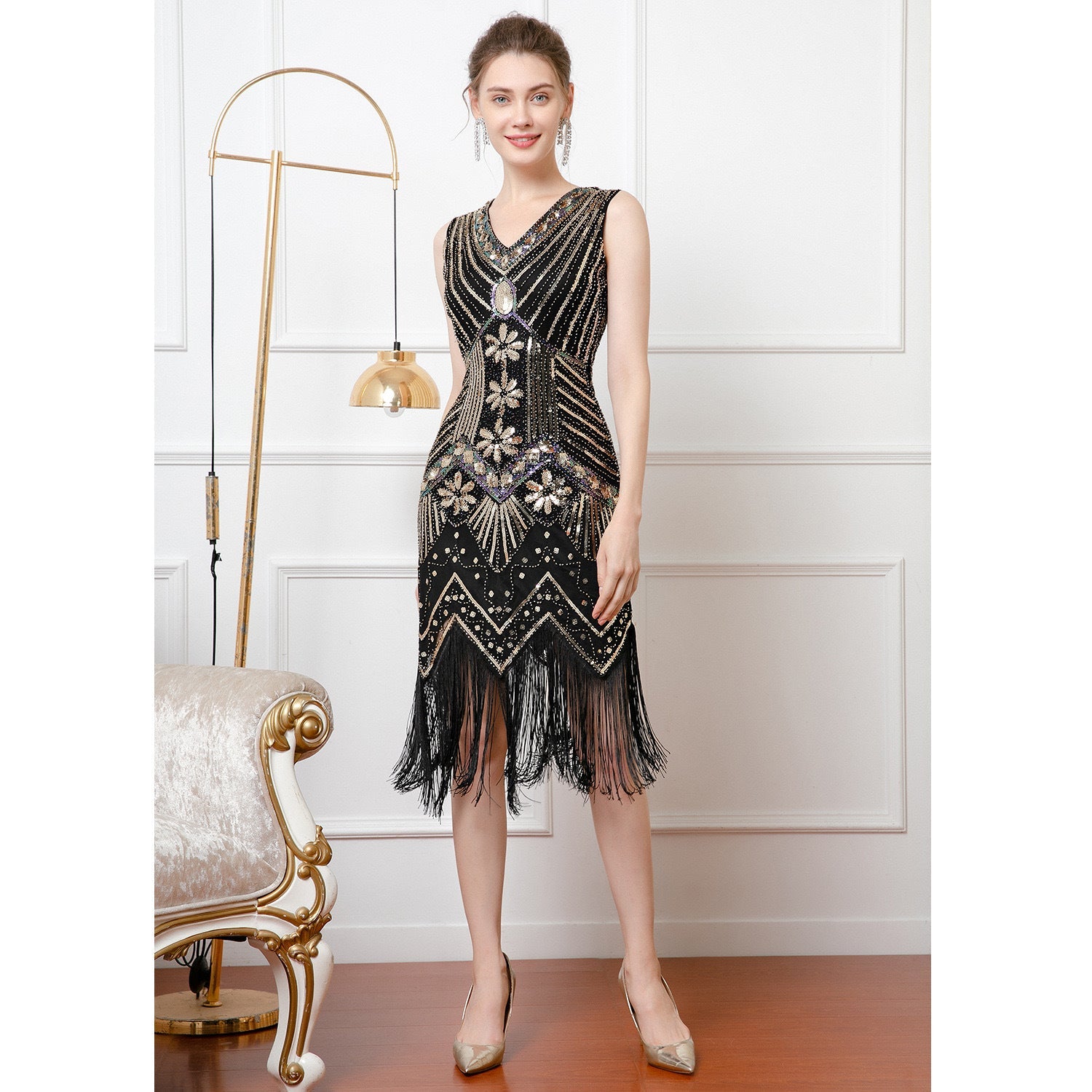 Boomer V Yaka Püskül Payet Midi Elbise-Siyah Gold