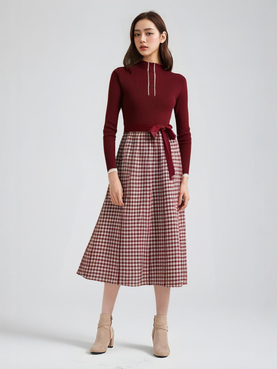 Kemerli Triko Kazak Ekose Etek Midi Elbise