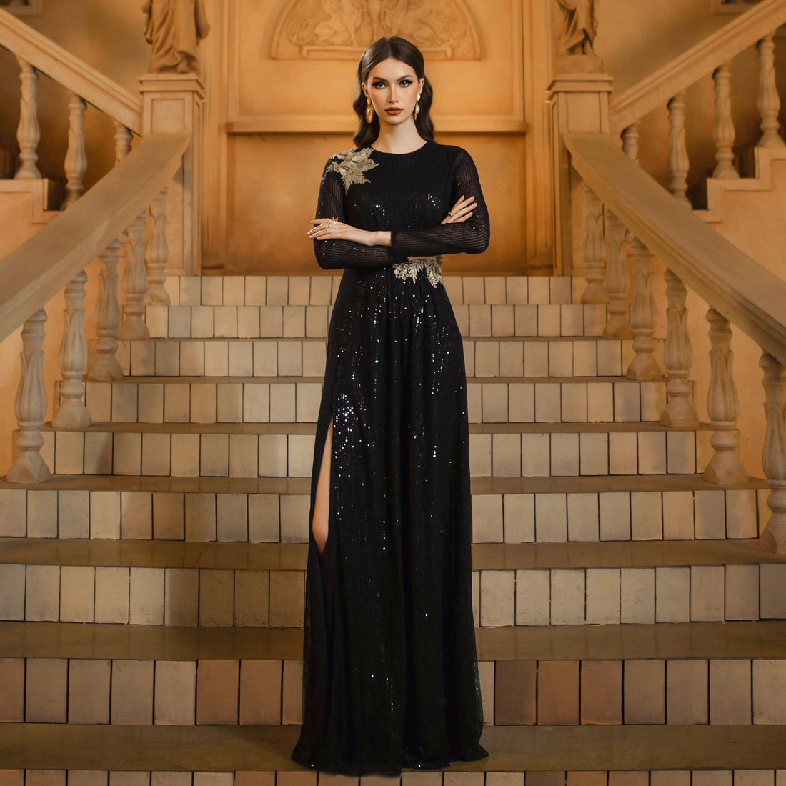 Seraphina Payetli Uzun Kollu Maxi Elbise