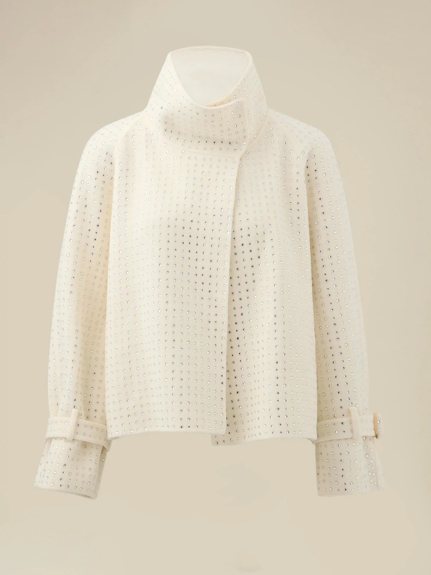 Kadın Yün Yaka Rhinestone Kırpılmış Kaban