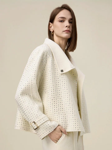 Kadın Yün Yaka Rhinestone Kırpılmış Kaban