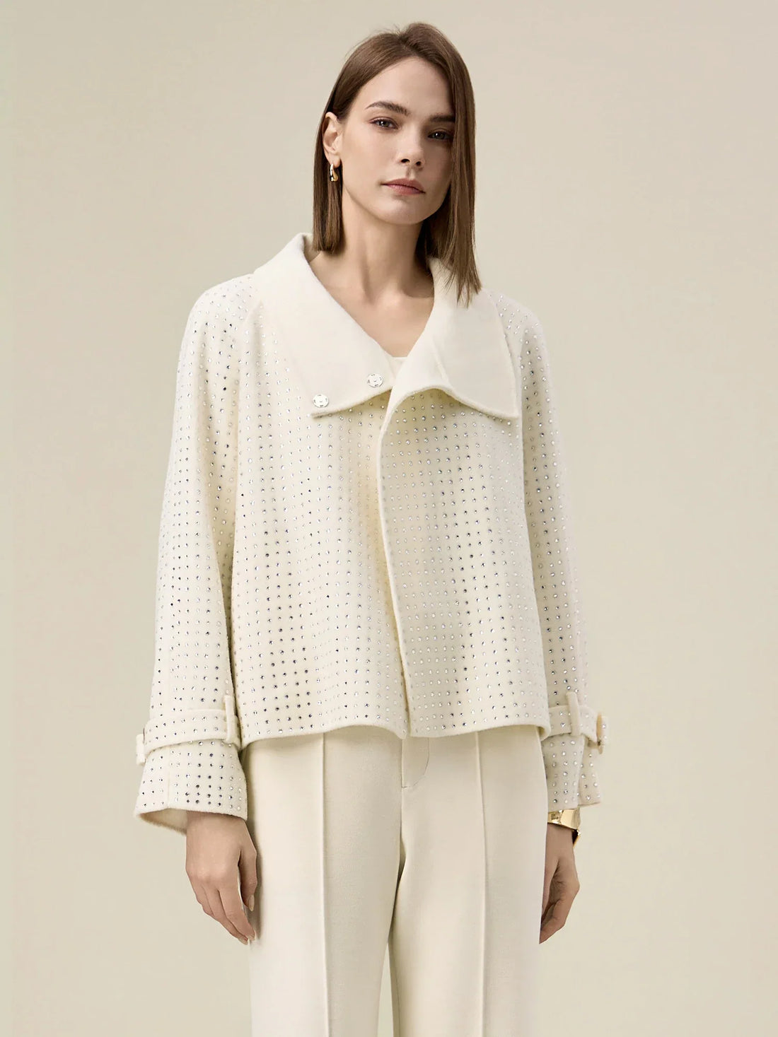 Kadın Yün Yaka Rhinestone Kırpılmış Kaban