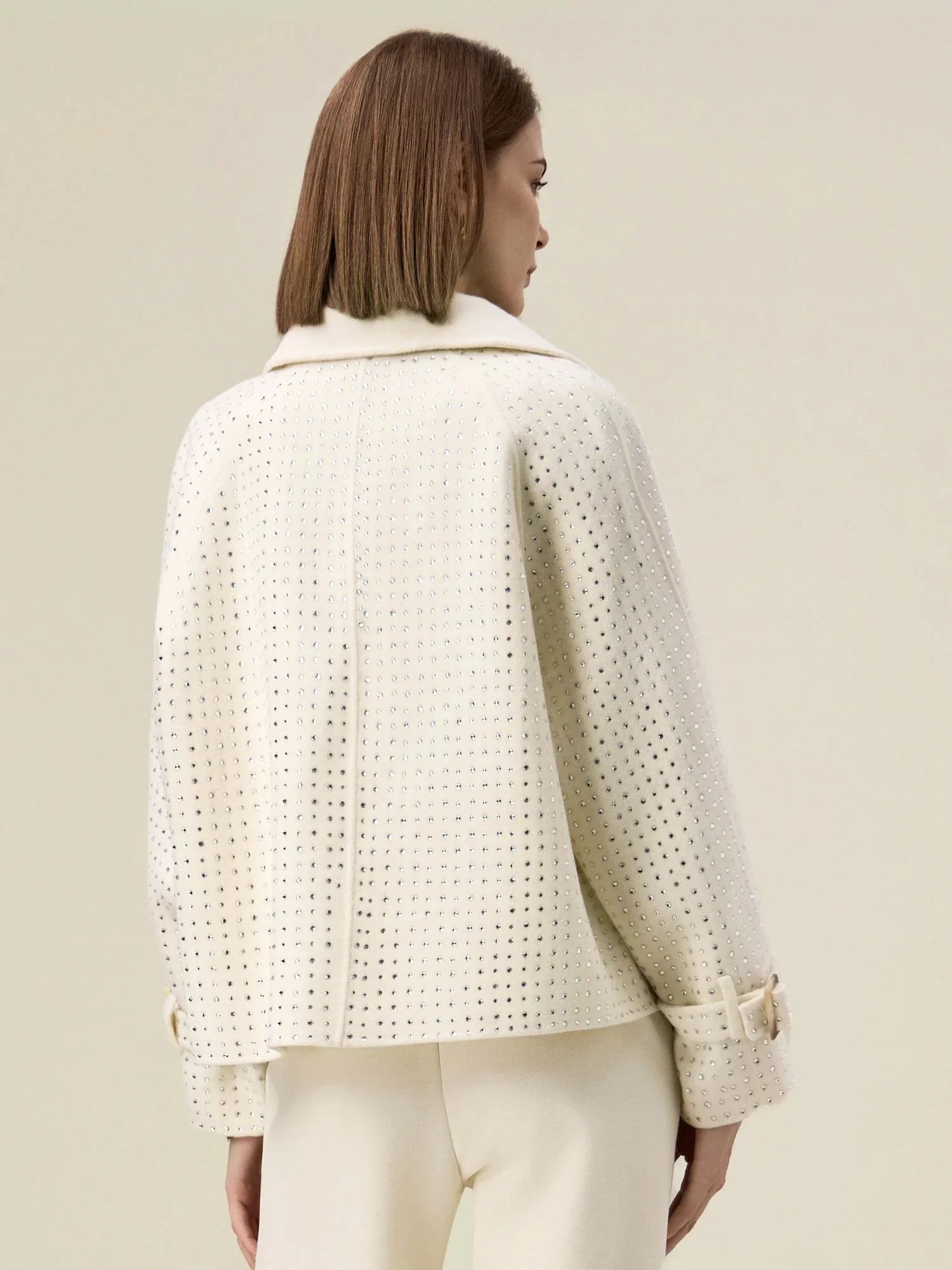 Kadın Yün Yaka Rhinestone Kırpılmış Kaban