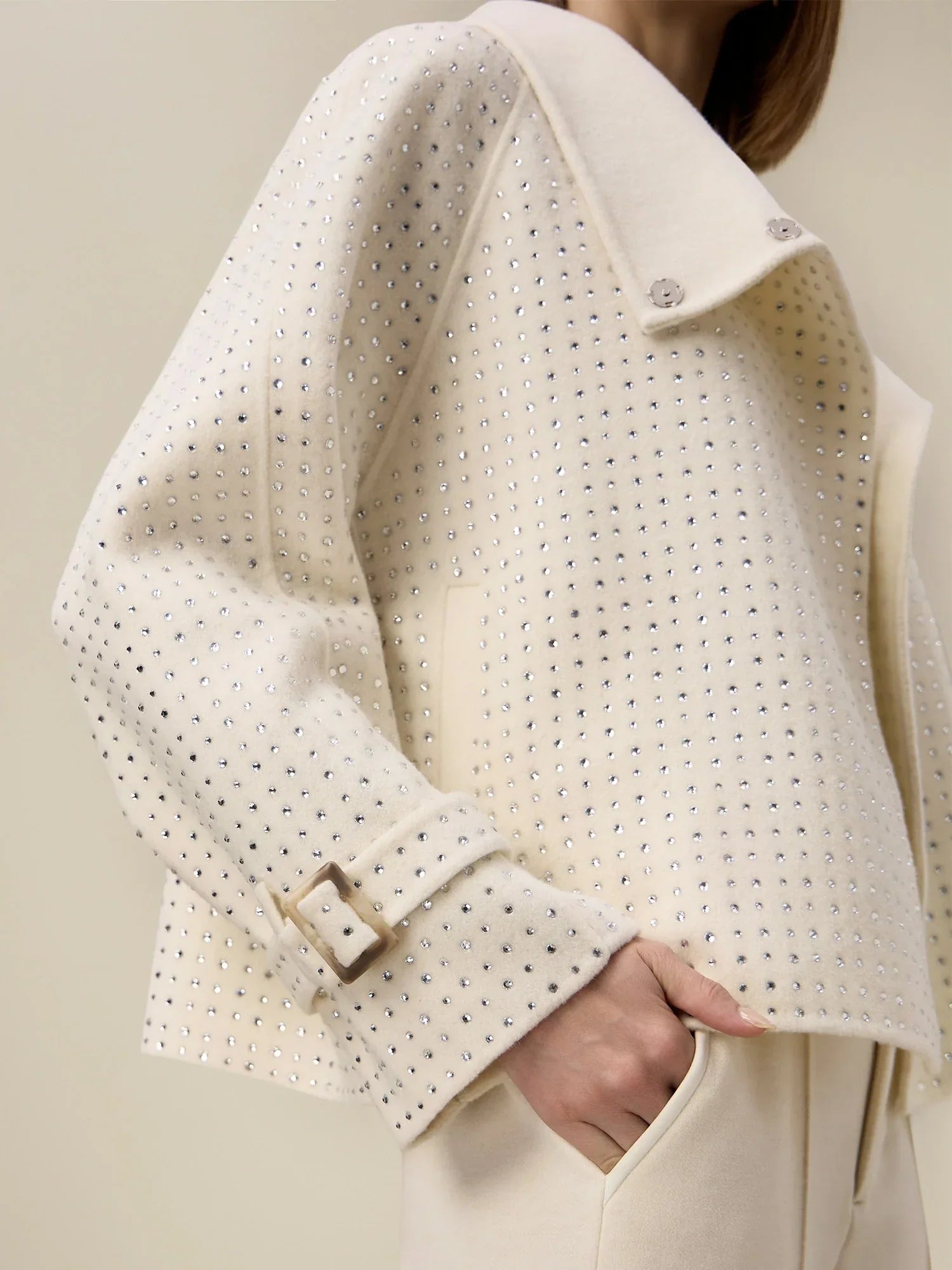 Kadın Yün Yaka Rhinestone Kırpılmış Kaban