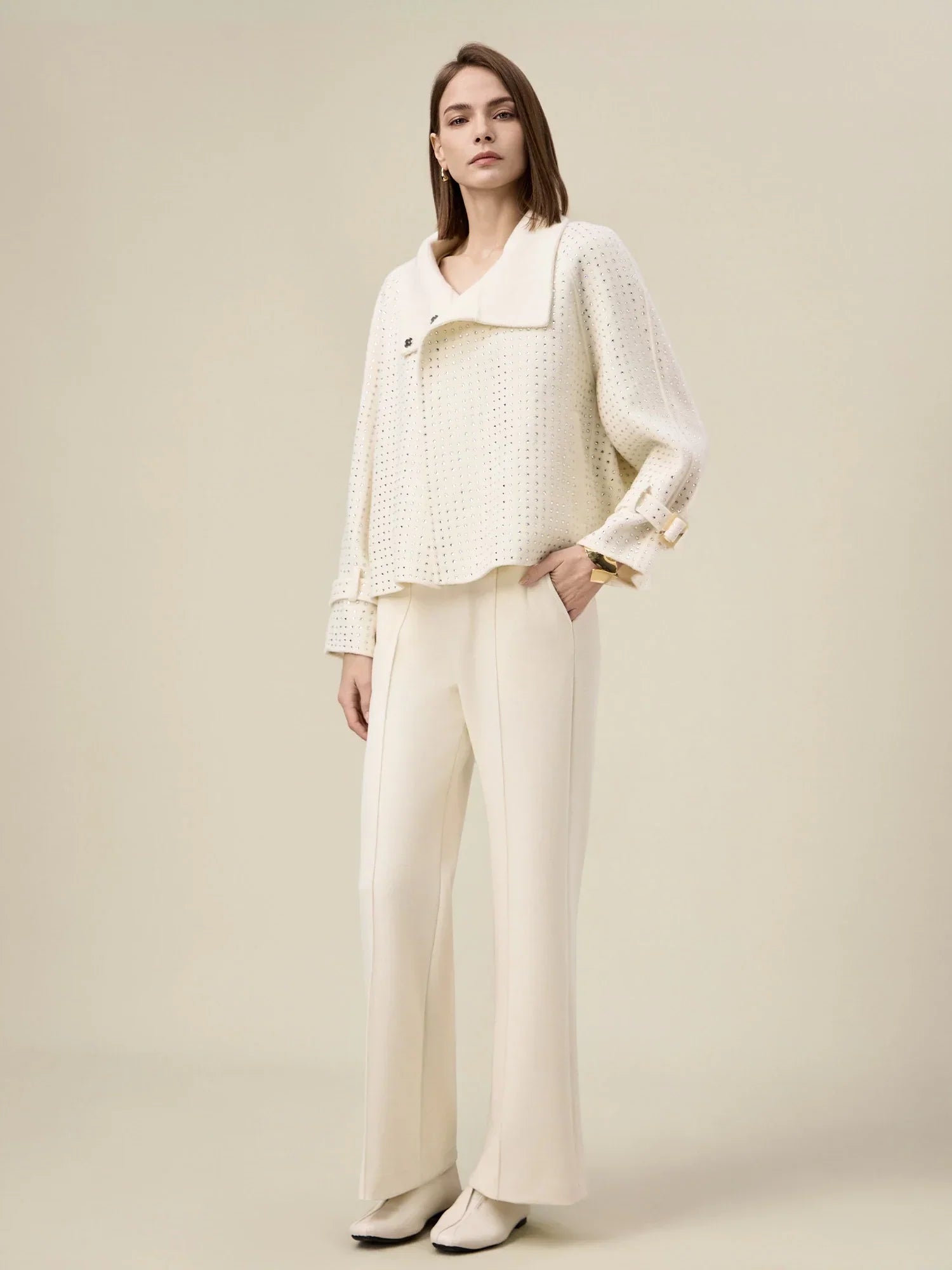 Kadın Yün Yaka Rhinestone Kırpılmış Kaban