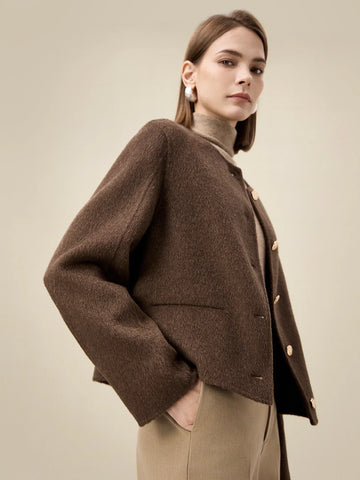 Kadın Yün Yuvarlak Yaka Metal Düğmeli Ceket
