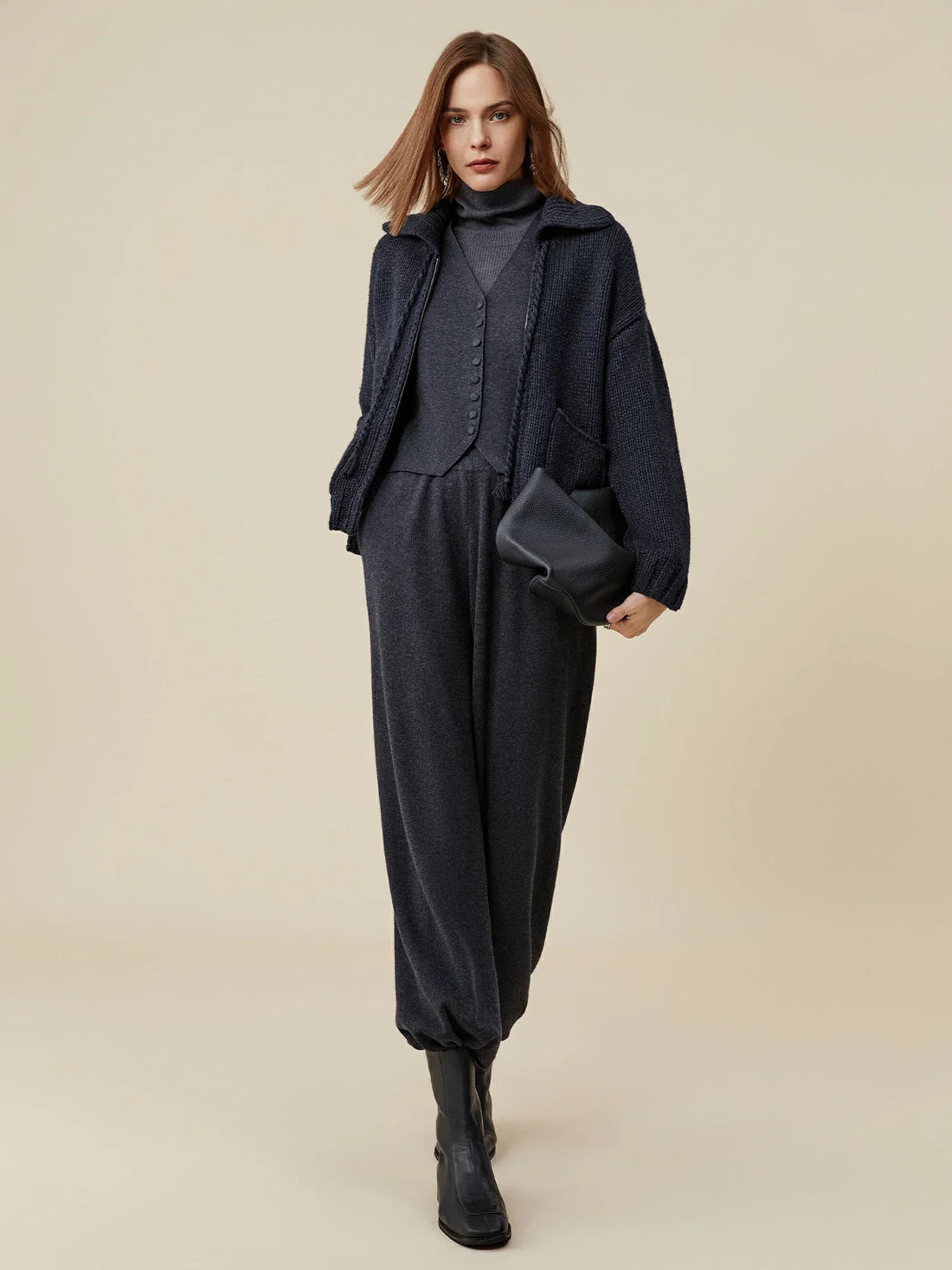 Yün Yaka Uzun Kollu Zip-Up Örgü Hırka