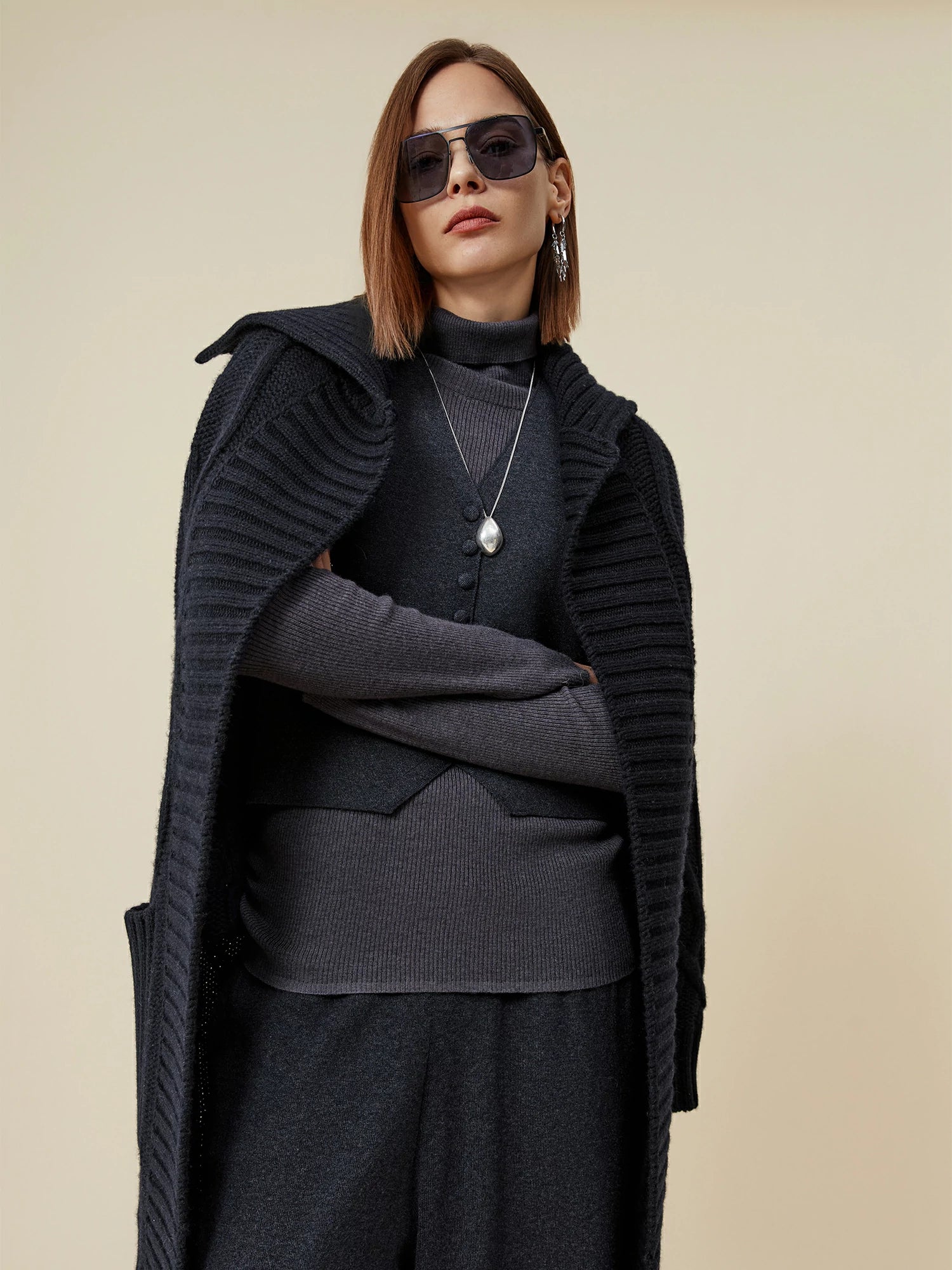 Yün Yaka Uzun Kollu Örgü Uzun Hırka