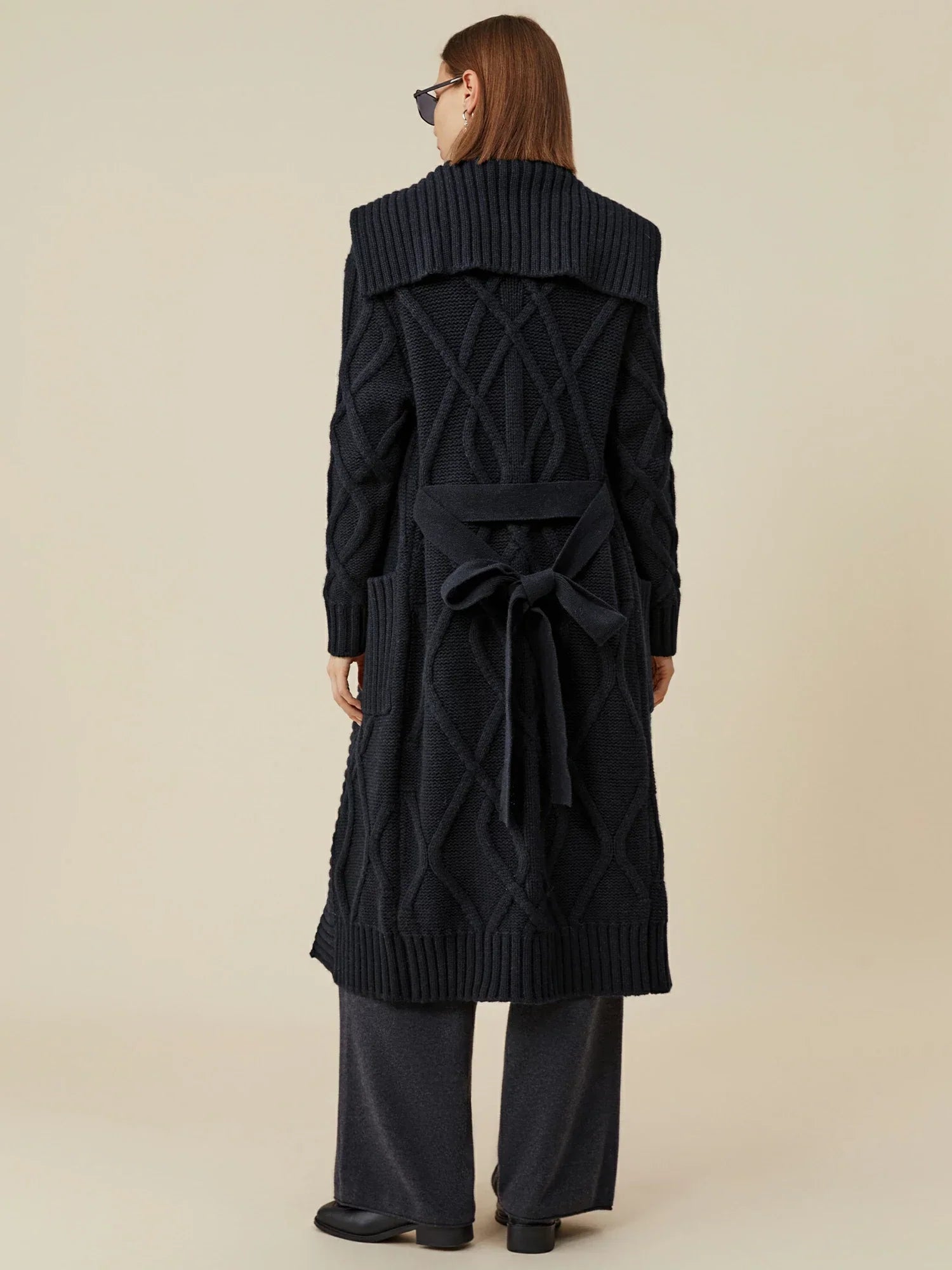 Yün Yaka Uzun Kollu Örgü Uzun Hırka