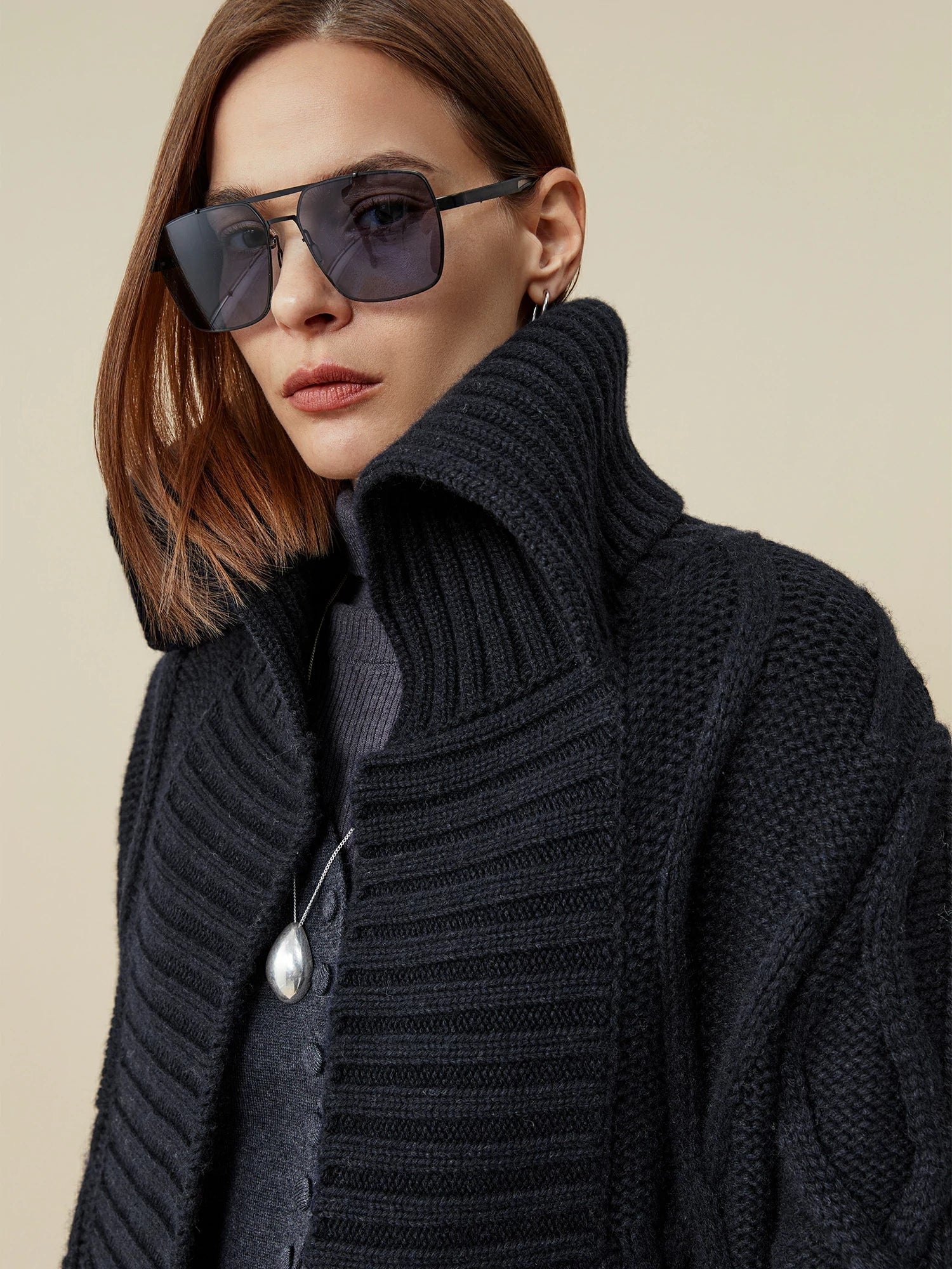 Yün Yaka Uzun Kollu Örgü Uzun Hırka