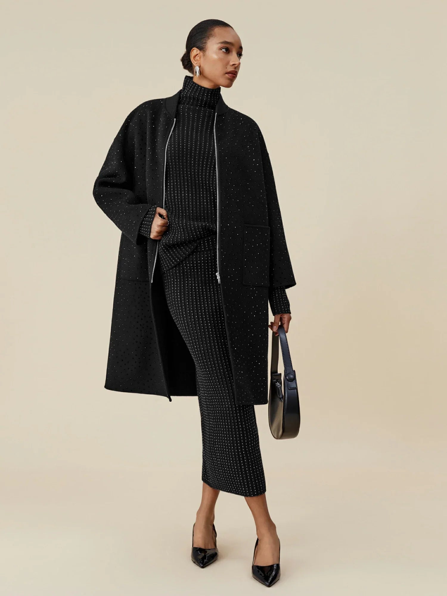 Yün Rhinestone Fermuarlı Uzun Kaban