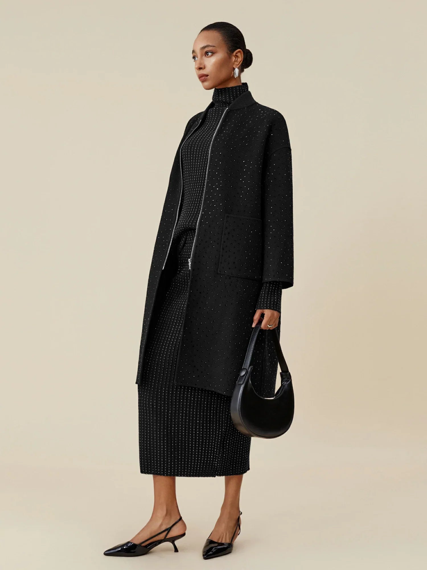 Yün Rhinestone Fermuarlı Uzun Kaban