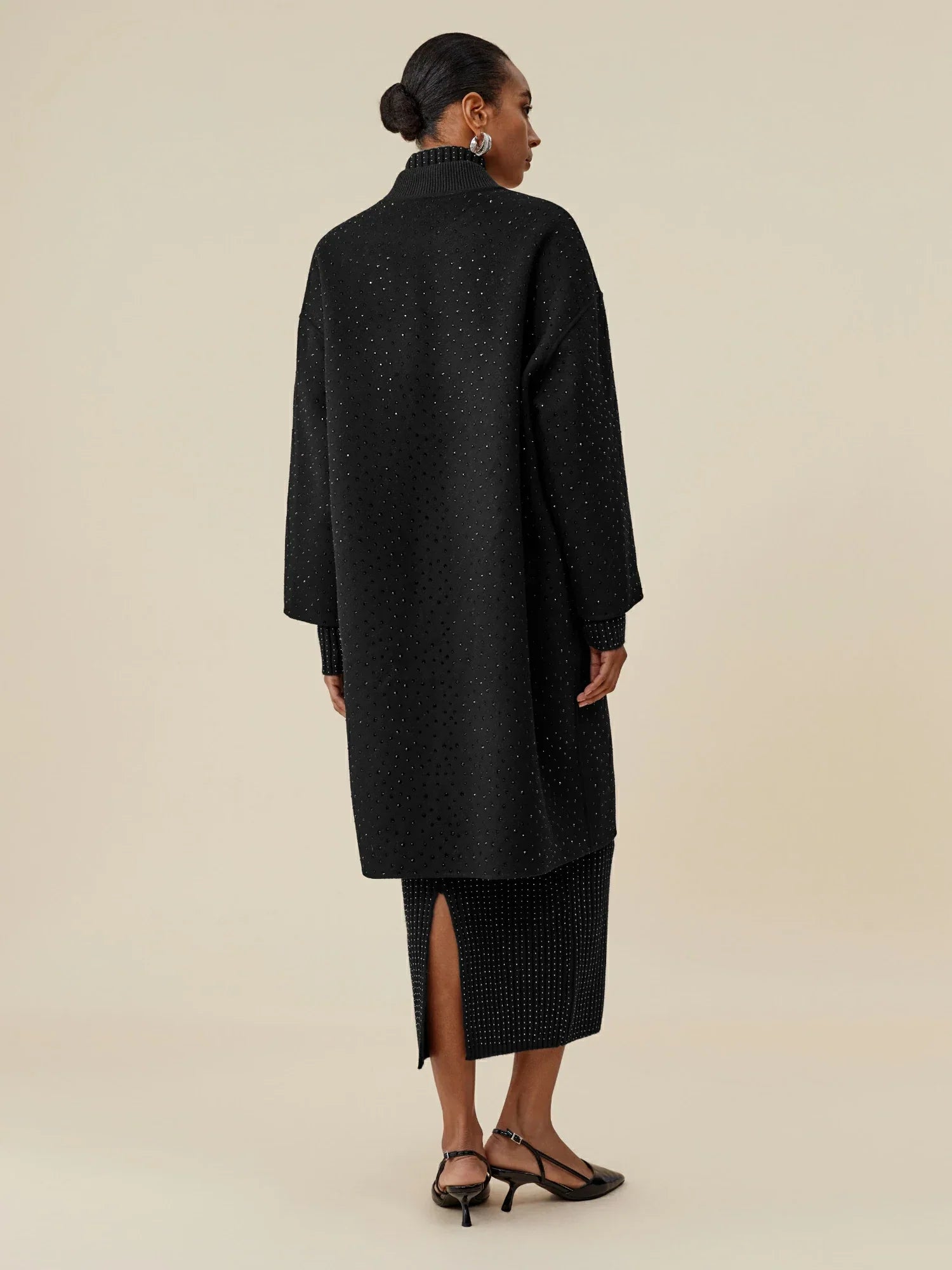 Yün Rhinestone Fermuarlı Uzun Kaban