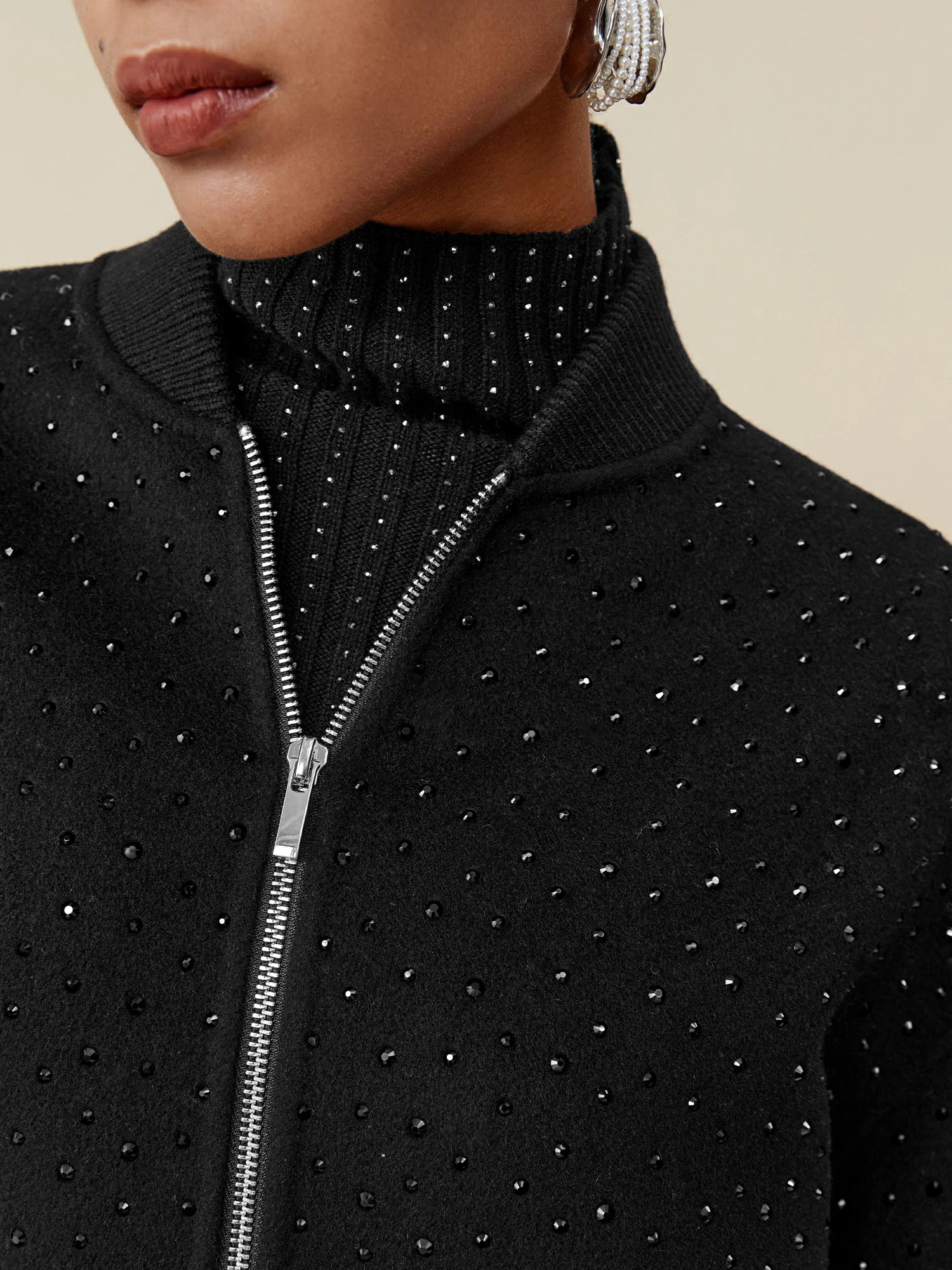 Yün Rhinestone Fermuarlı Uzun Kaban