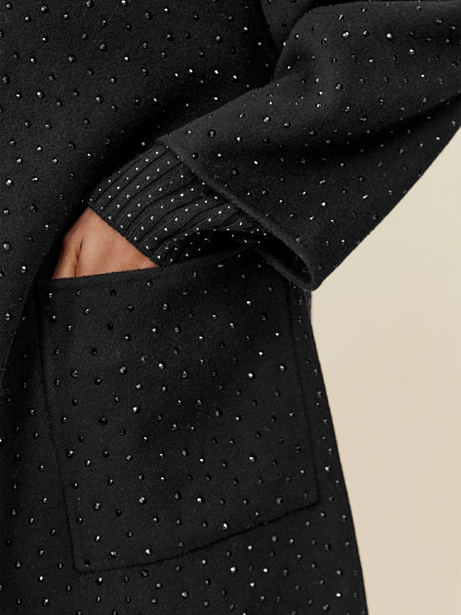 Yün Rhinestone Fermuarlı Uzun Kaban