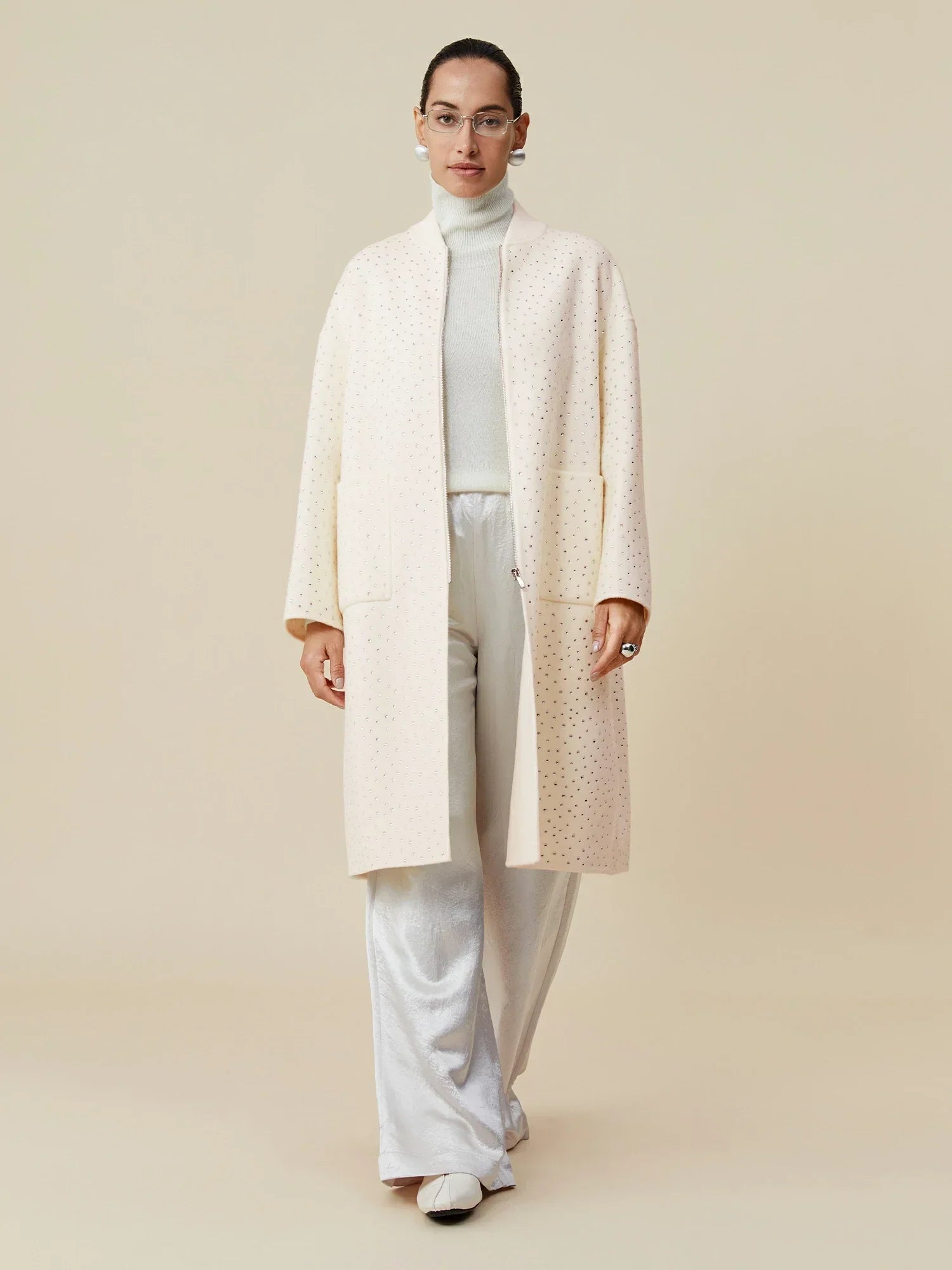 Yün Rhinestone Fermuarlı Uzun Kaban