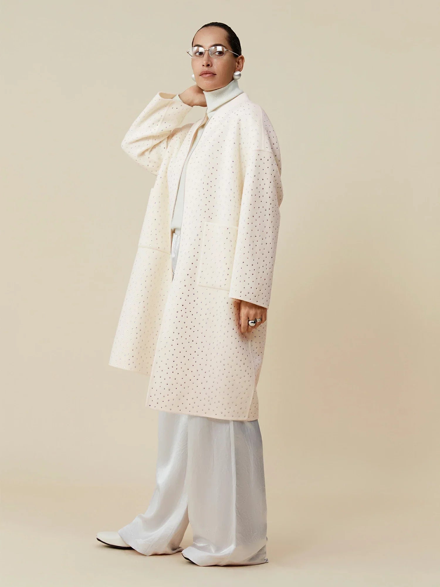 Yün Rhinestone Fermuarlı Uzun Kaban