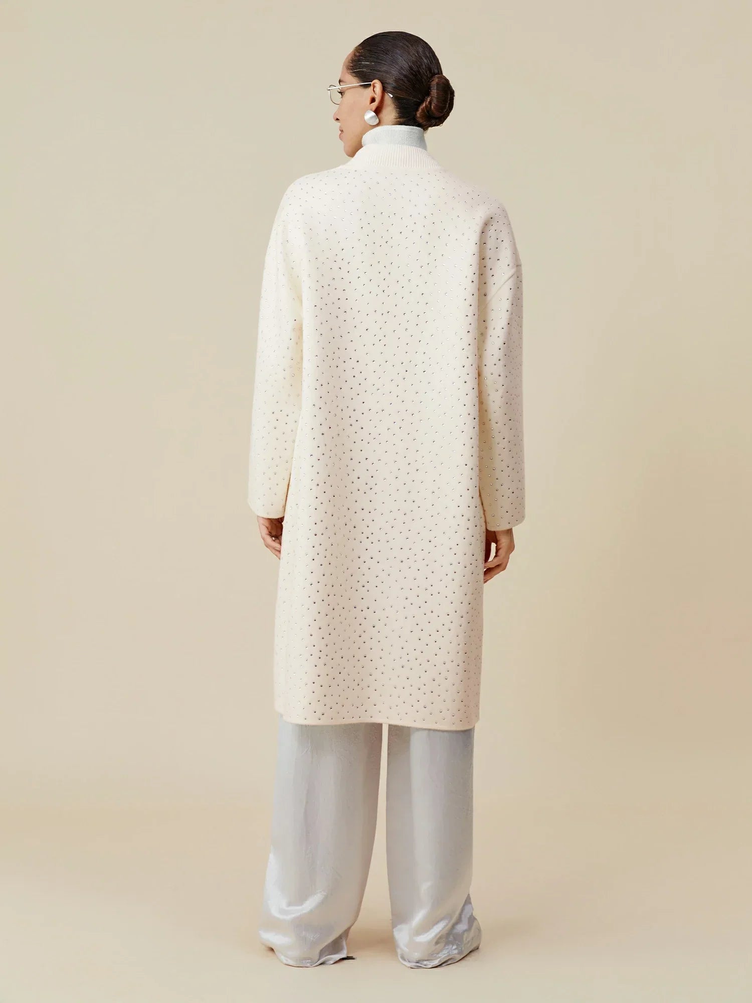 Yün Rhinestone Fermuarlı Uzun Kaban