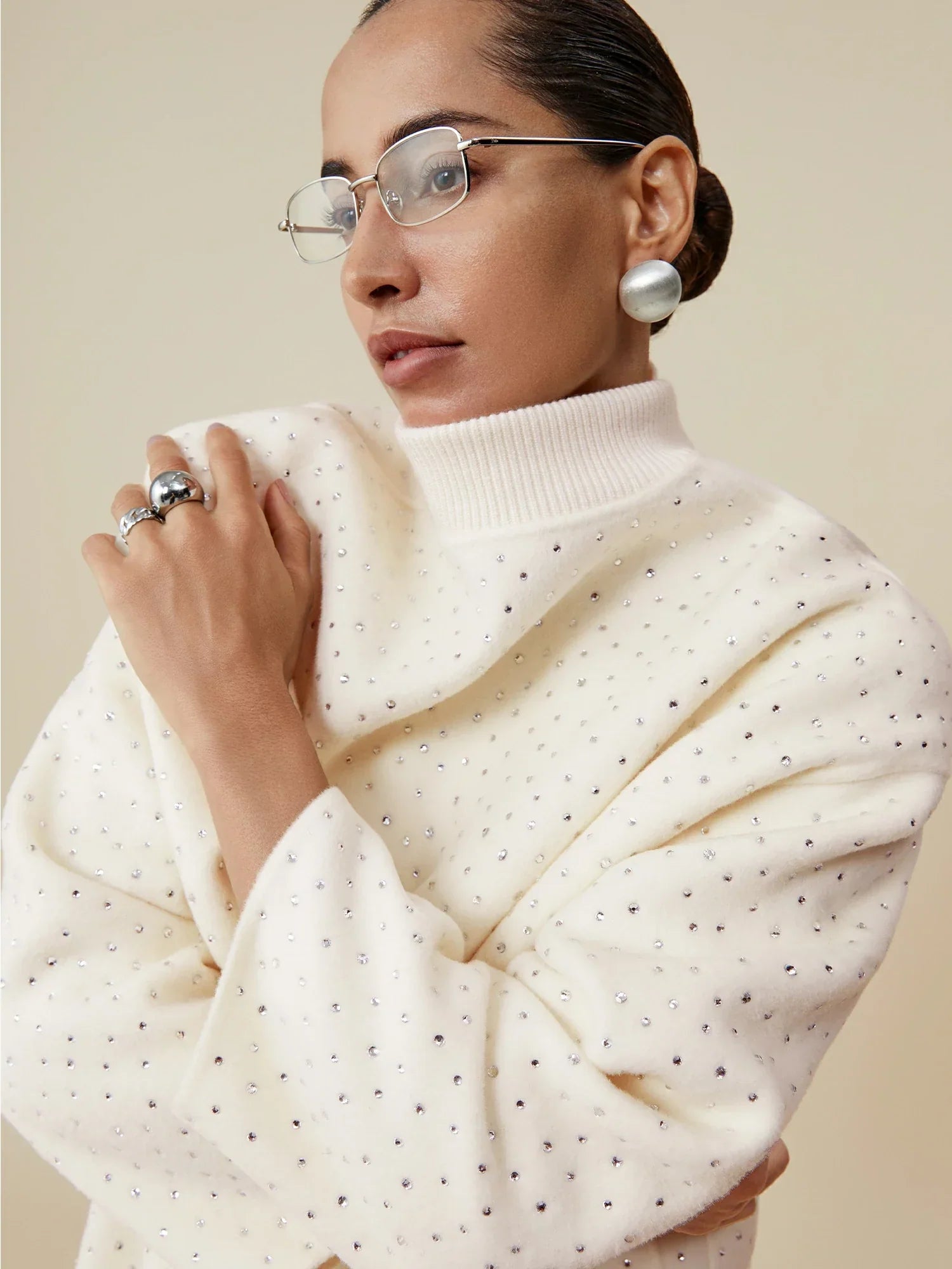 Yün Rhinestone Fermuarlı Uzun Kaban